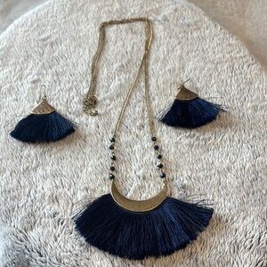 Boho Chic Gold and Navy Tassel Necklace and Earring Set